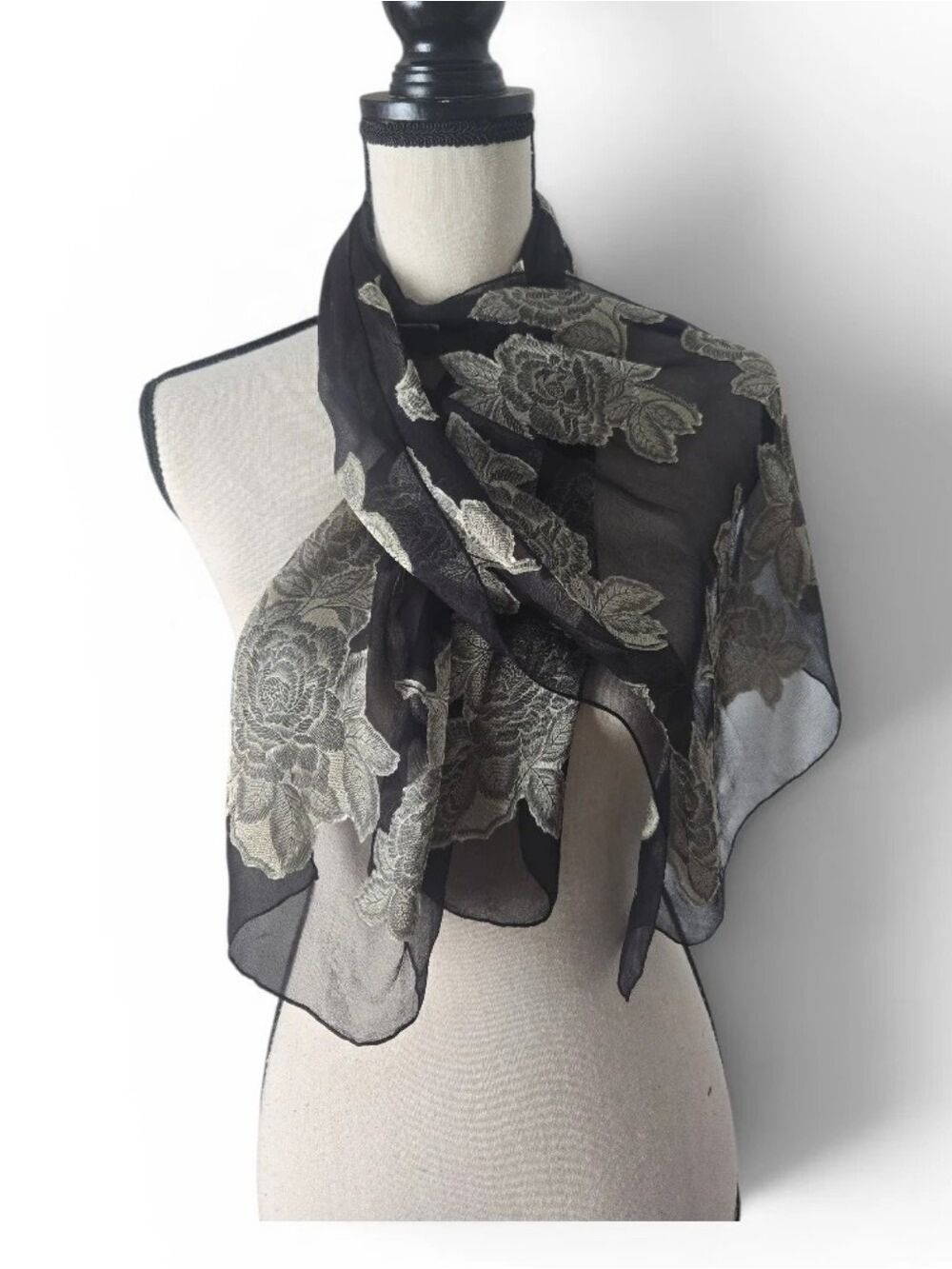 Vintage Black Sheer Floral Embroidered Scarf – Silver Gray Rose Embroidery – 44"